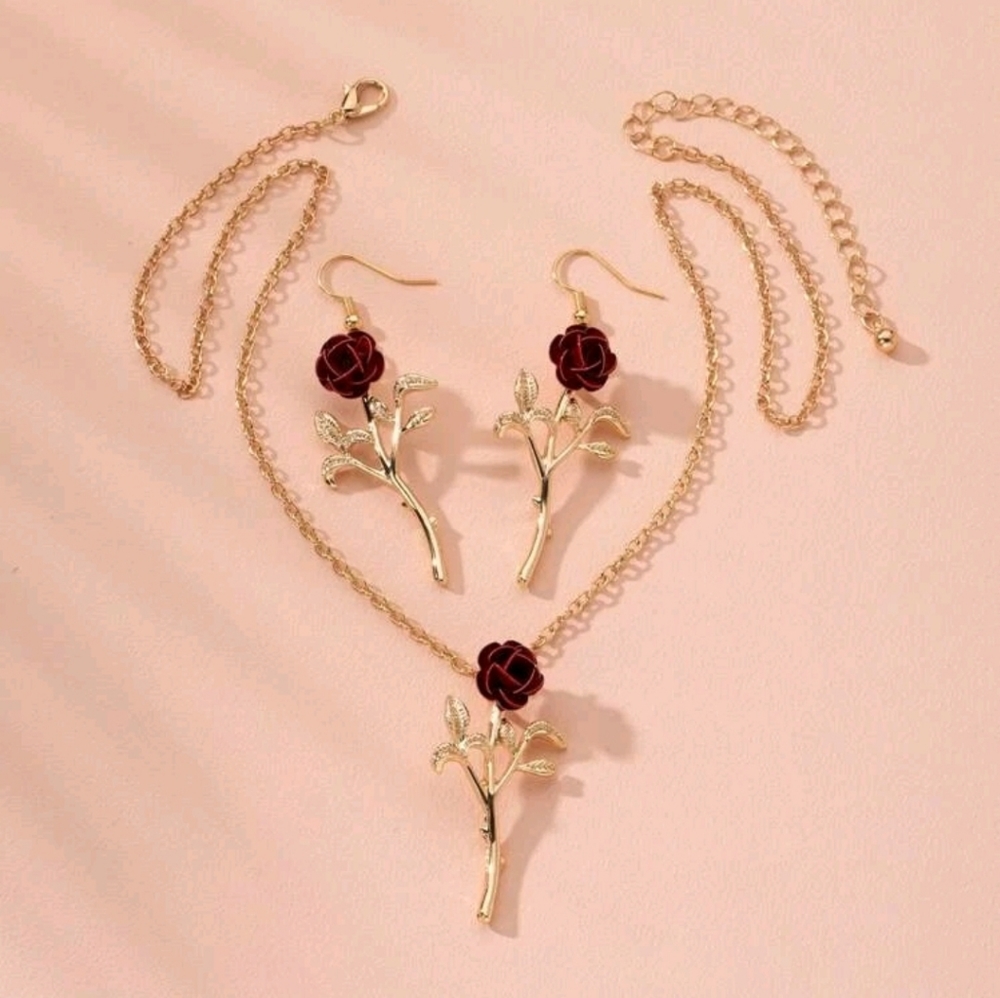 Rose Earrings and Necklace Set - Picture 1 of 6